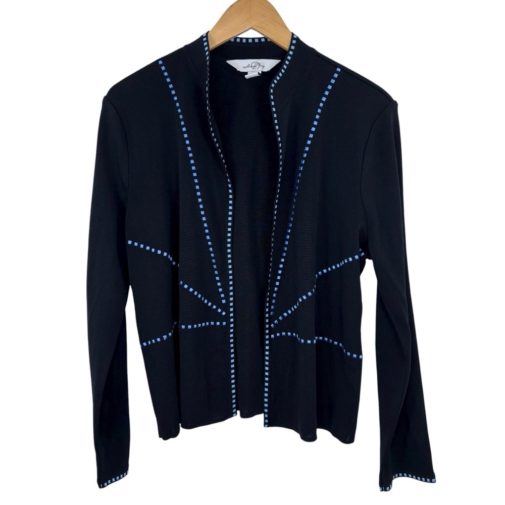 Ming Wang Black Blue Geometric Knit Jacket L - Picture 2 of 11